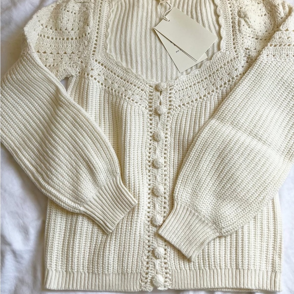 Cream Crochet-Trim Knit Sweater Top - Women - Picture 3 of 4